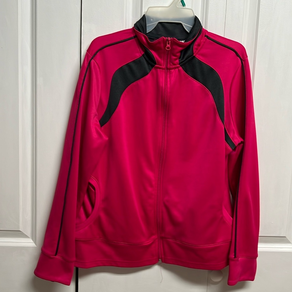 Athletic Works Dark Pink Gray Stripe Zipper Pocket Sports Jacket Size XL